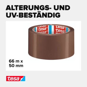 Braunes tesa Paketband Solid & Strong, 66 m x 50 mm, alterungs- und UV-beständig für sicheren Verschluss.
