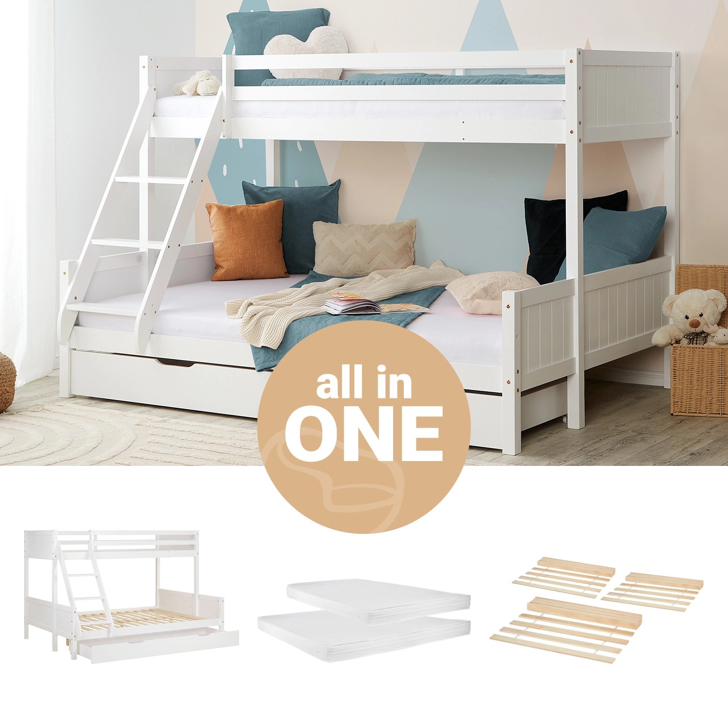 Homestyle4u Etagenbett mit 2 Matratzen und Bettkasten 90x200 und 140x200 in Weiß 2724