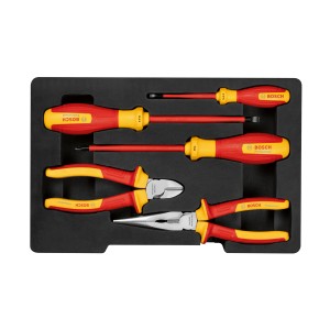 Bosch Professional VDE Werkzeug-Set, 5-teilig, mit Zangen und Schraubendrehern in rot/gelb.