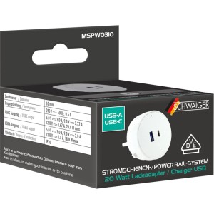 Schwaiger Stromschienen-Plug MSPW0310, weiße Steckdose mit USB-A/USB-C Anschluss für modulare Stromschiene.