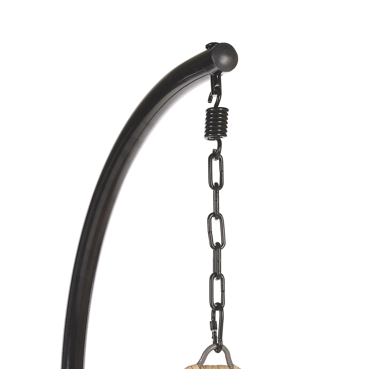 Detailaufnahme Hängesessel mit schwarzem Gestell, Kette und Feder.