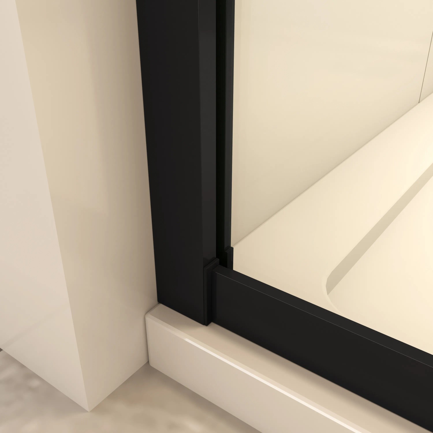 Detailaufnahme: Schwarze Ecke der Duschparadies Schiebetür 80x90cm mit 8mm Nano ESG Glas.