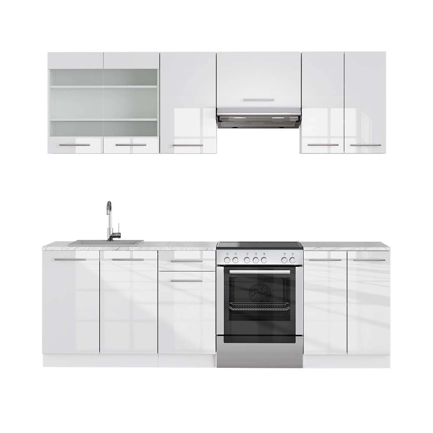 Vicco Fame-Line Küchenzeile Weiß Hochglanz/Weiß 240 cm AP Marmor günstig online kaufen
