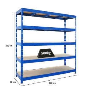 PROREGAL Profi Schwerlastregal Rhino HxBxT 200x200x60cm 5 Spanplatten-Ebenen 8mm Fachlast 500kg Blau Stecksystem Lagerregal Steckregal