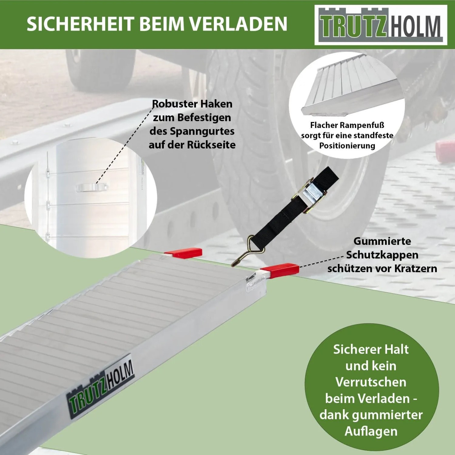 TRUTZHOLM Alu Auffahrrampe, klappbar, mit robustem Haken, gummierten Schutzkappen und rutschfester Lauffläche.