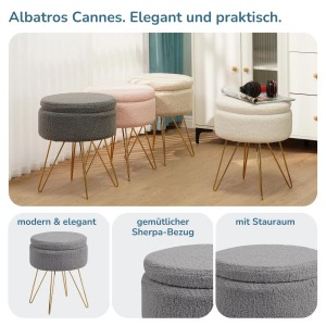 Albatros Hocker CANNES, grau, mit Sherpa-Bezug und goldenen Beinen. Hocker mit Stauraum.