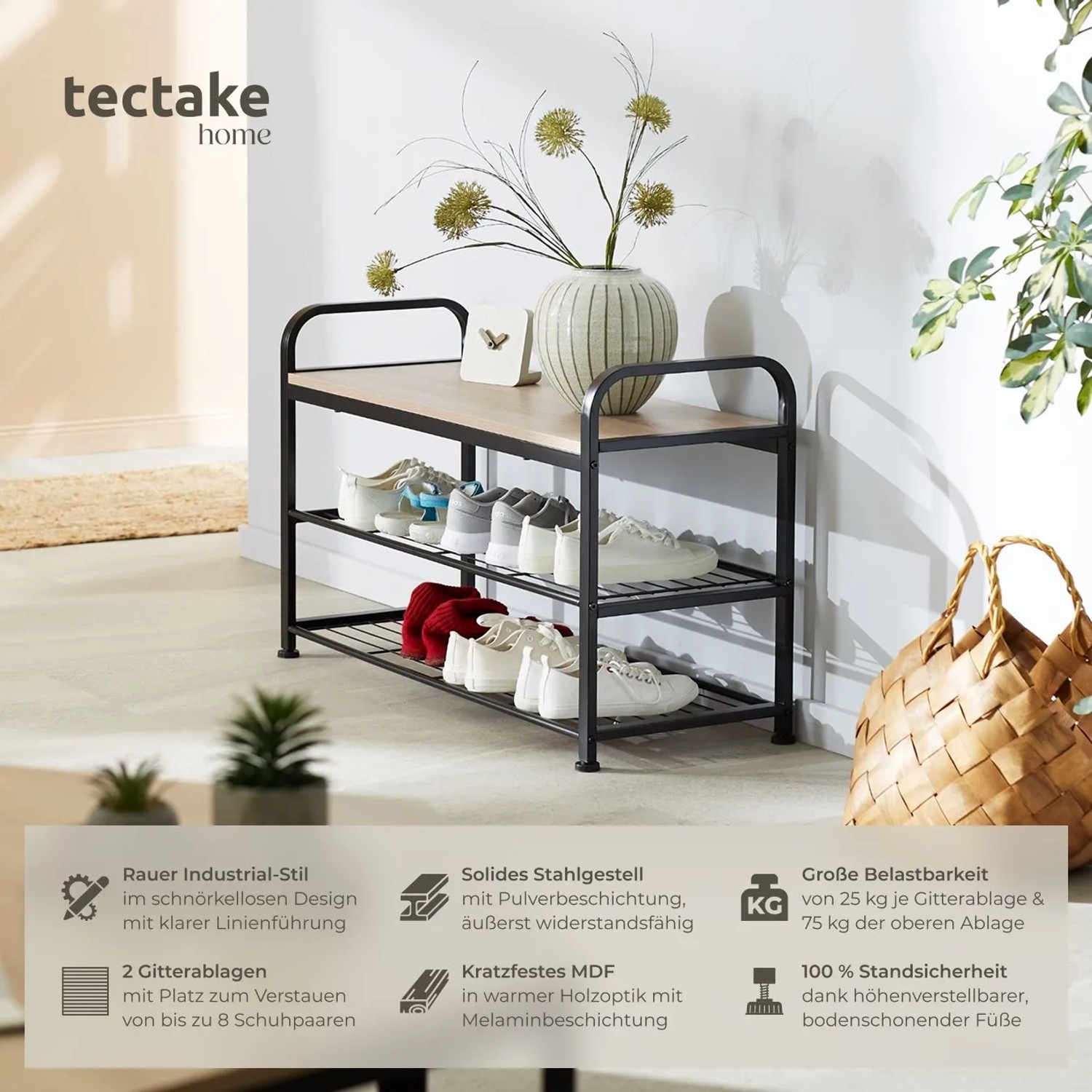 Tectake Schuhregal Southampton Industrial Style Holz und Stahl  91 x 36 x 55 cm Industrial Holz Hell  Eiche Sonoma_2