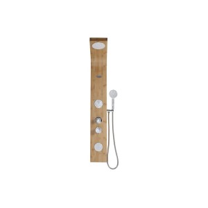 Vente-unique Duschsäule Tissia aus hellem Bambus mit Kopfbrause, Handbrause und drei Massagedüsen.