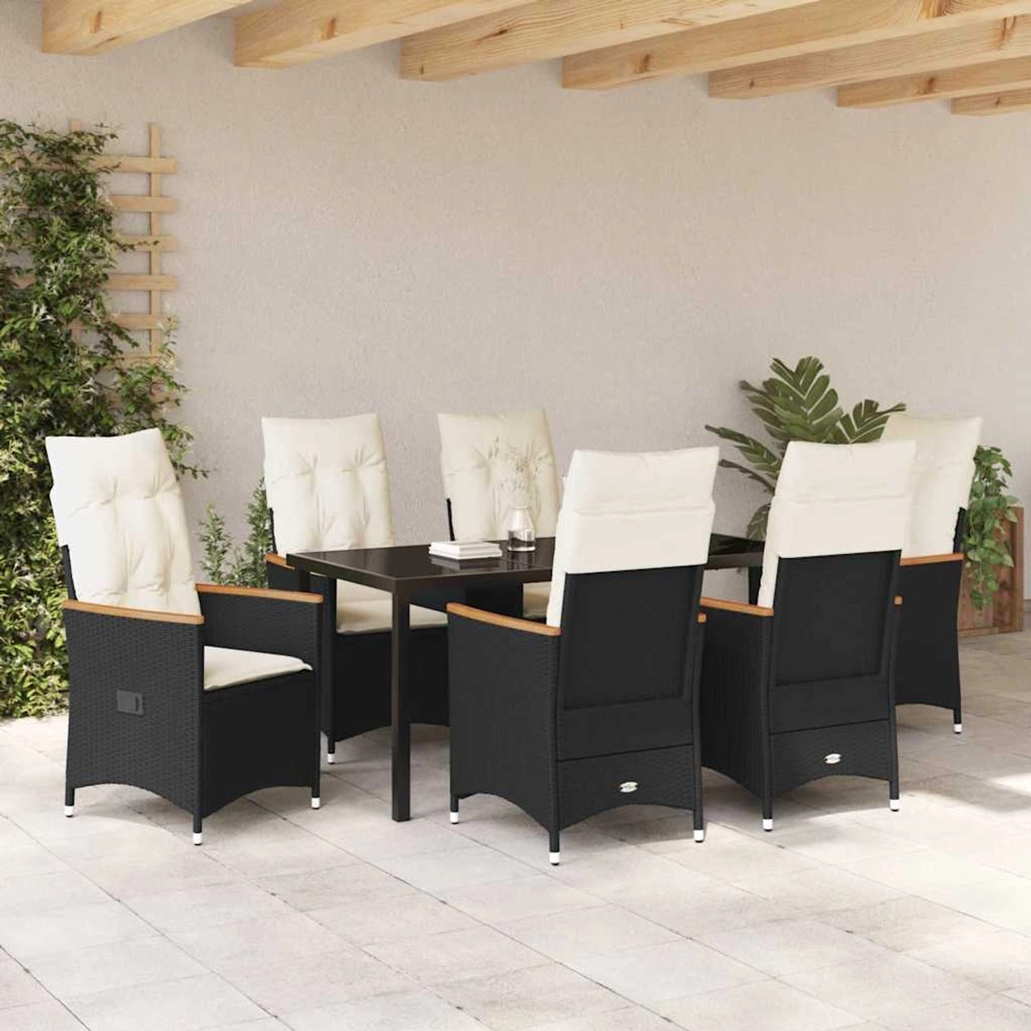 Schwarze 7-teilige Garten Essgruppe aus Polyrattan mit Kissen. Gartenmöbel für 6 Personen.