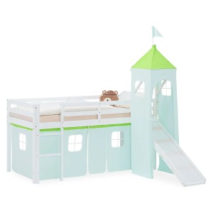 Homestyle4u Kinder Hochbett 90x200 Rutsche Vorhang Turm Grün Kinderbett 2969