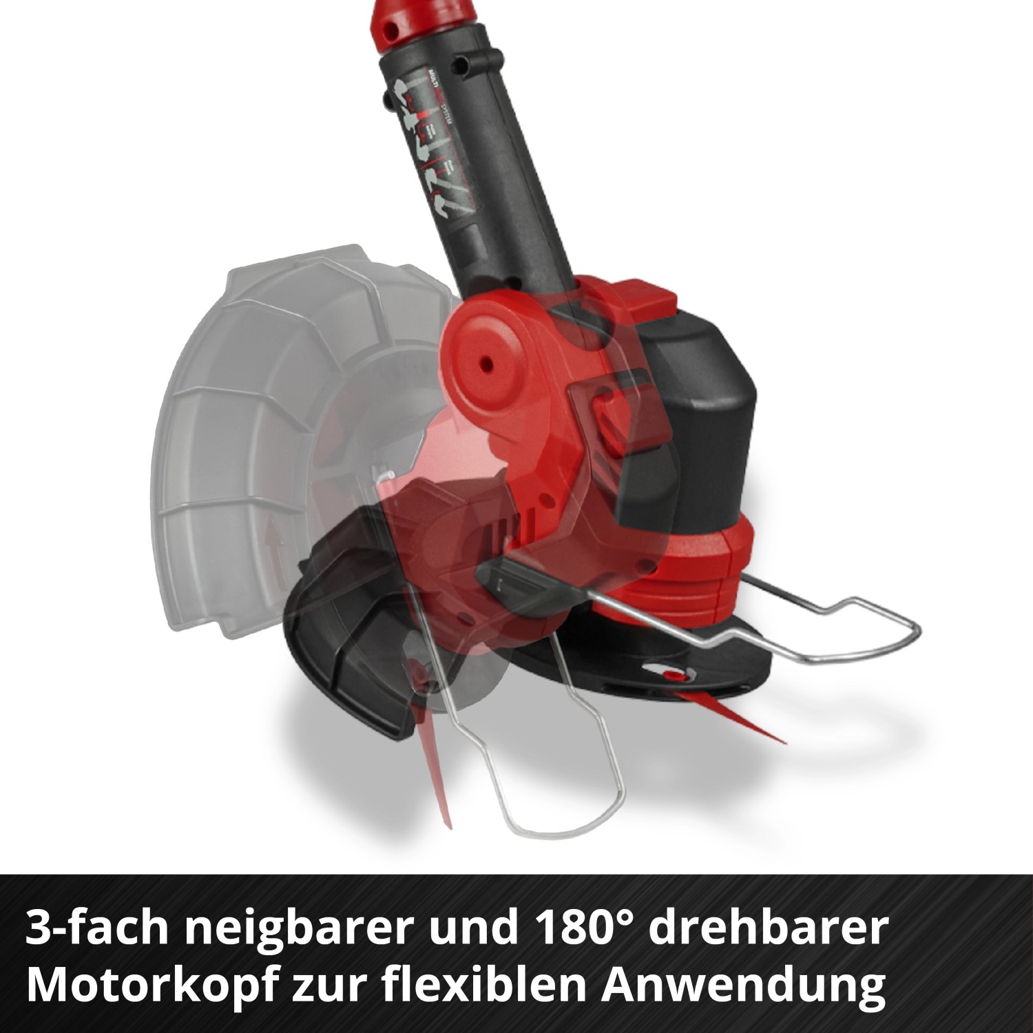 Detailaufnahme: Einhell Akku-Rasentrimmer GE-CT 18/25 Li-Solo mit drehbarem Motorkopf.