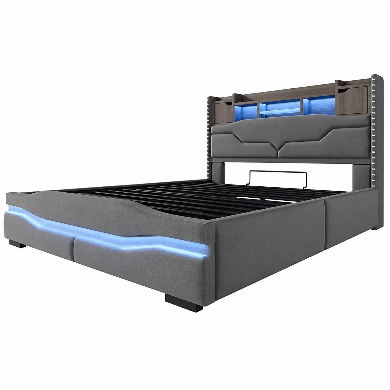okwish Polsterbett 160x200cm mit LED USB C Hydraulik Staufach Schlafzimmer Grau ohne Matratze