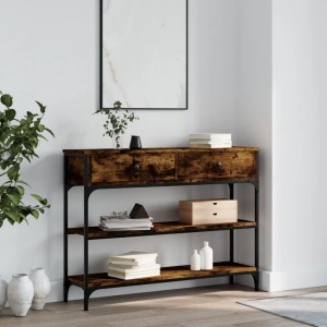 vidaXL Konsolentisch Räuchereiche, Holzwerkstoff, mit 2 Schubladen und 2 Ablagen. Schwarzes Metallgestell für Wohnzimmer.