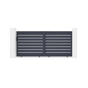 Casanoov Schiebetor Vogel, 3,5 m breit, Aluminium, grau, mit horizontalen Lamellen.