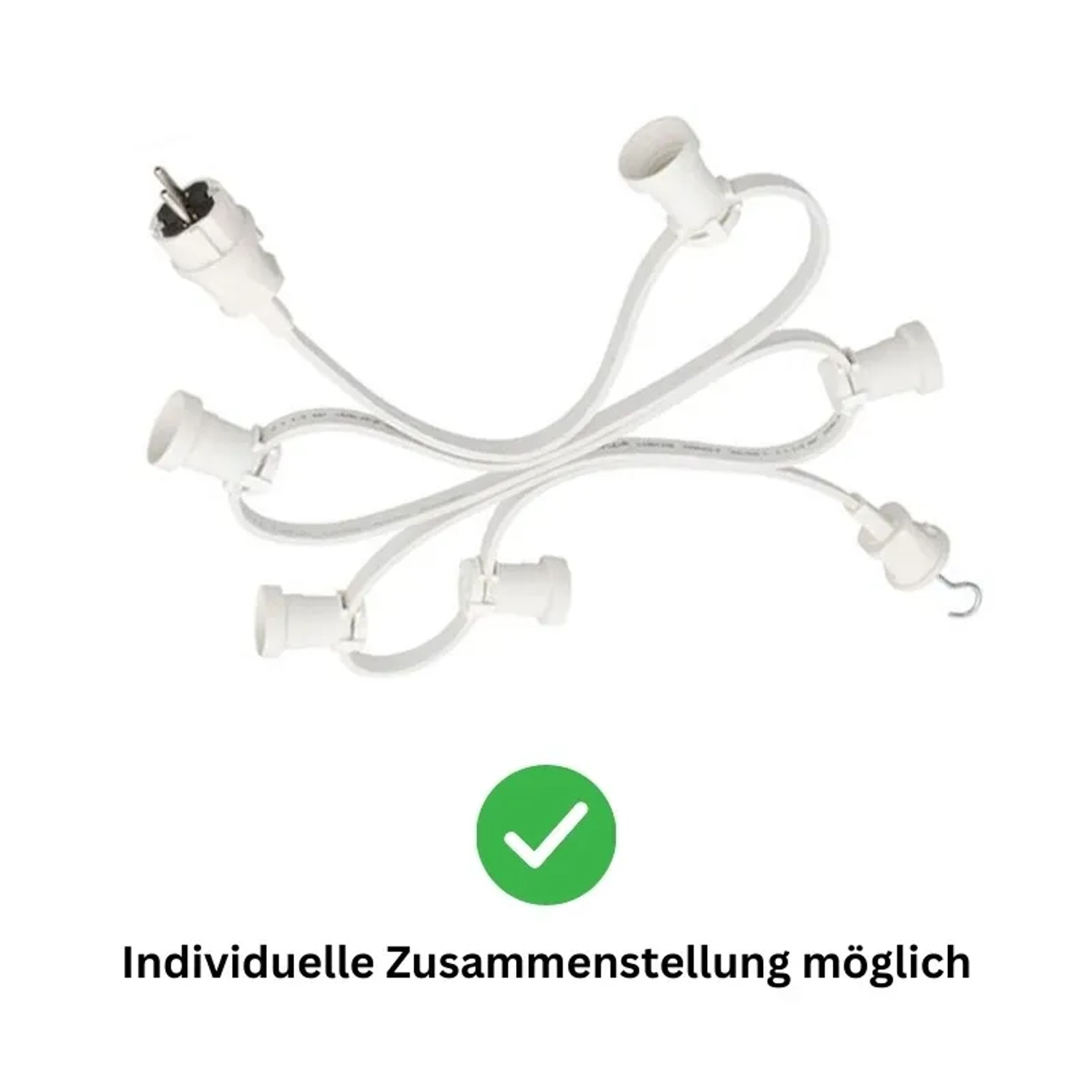 Weiße Satisfire Partylichterkette mit E27 Fassungen für bunte LED Kugellampen, geeignet für den Außenbereich.