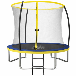 Rundes Zero Gravity Gartentrampolin 244cm mit gelb-blauer Randabdeckung, schwarzem Sprungtuch, Sicherheitsnetz und Leiter.