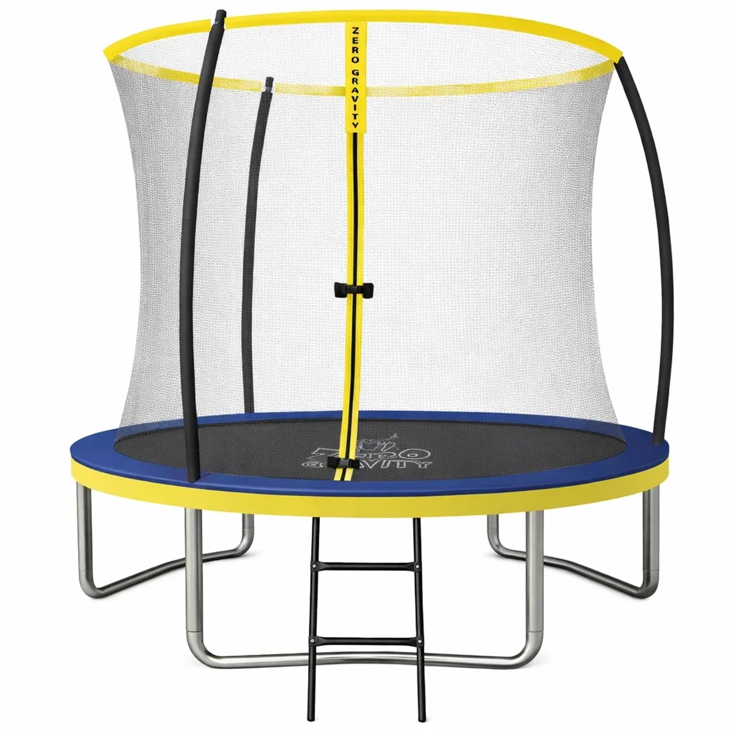 Zero Gravity Trampolin ø 244 cm - TÜV GS - Smartes Klappnetz - Inkl. Leiter & Bodenanker - Blau-Gelb