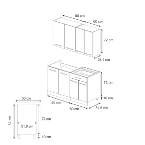 Skizze der Vicco Fame-Line Singleküche 140 cm in Eiche/Weiß mit anthrazitfarbener Arbeitsplatte.