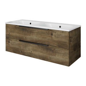 Pelipal Badmöbel-Set Quantum mit Doppelwaschtisch und Unterschrank in Eiche Ribbeck Quer, 121 cm.