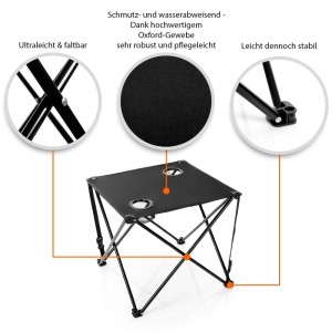 Schwarzer faltbarer Campingtisch mit zwei Getränkehaltern aus robustem Oxford-Gewebe und Stahlgestell. Ideal für Camping & Festival.