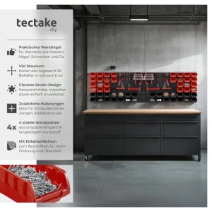 Tectake Kleinteilemagazin mit roten und schwarzen Boxen an der Wand über einer Werkbank.