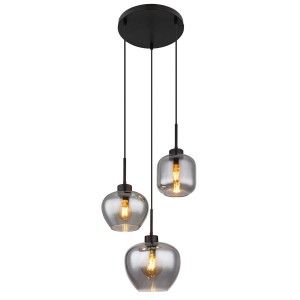 Globo Hängeleuchte, 3-flammig, schwarz matt, Rauchglas Pendelleuchte für Wohn- und Essbereich.