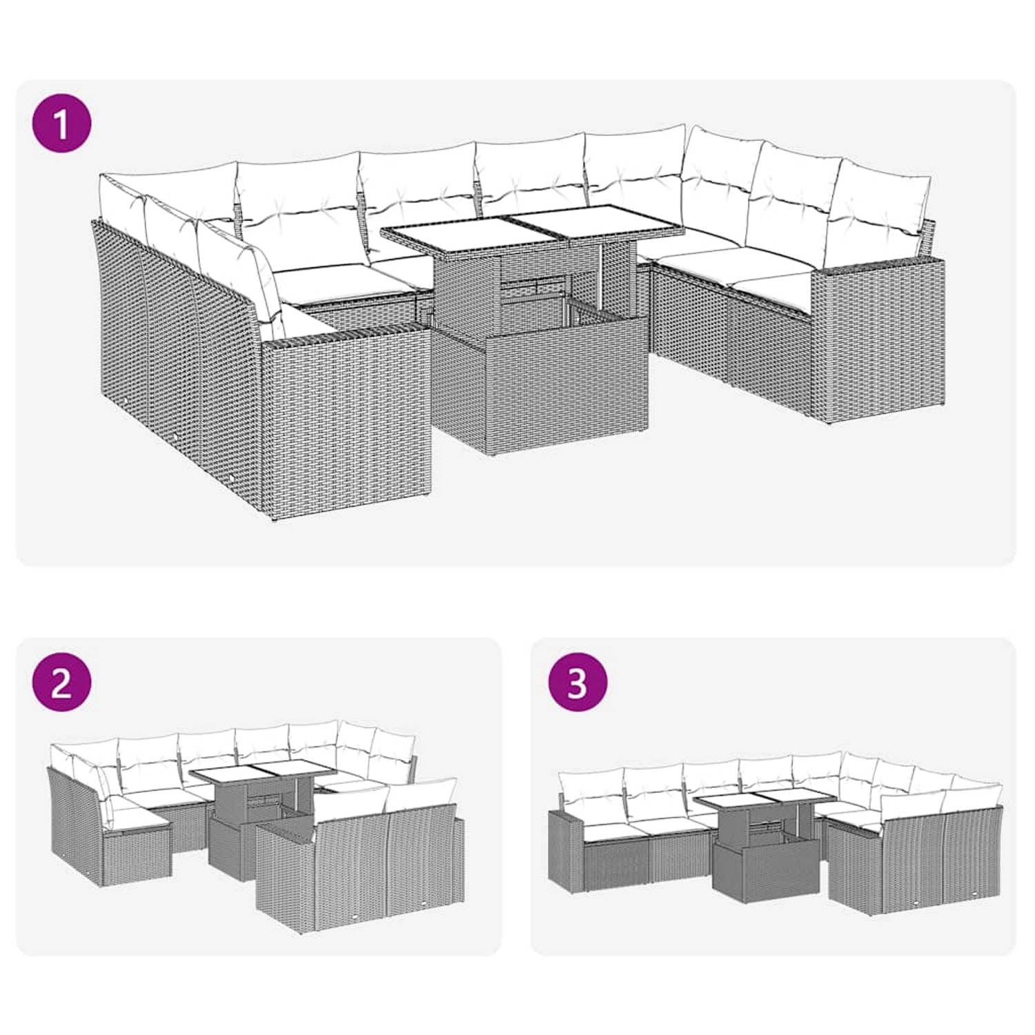 Hellgraue 10-tlg. vidaXL Garten-Sofagarnitur aus Polyrattan mit Tisch und Kissen.