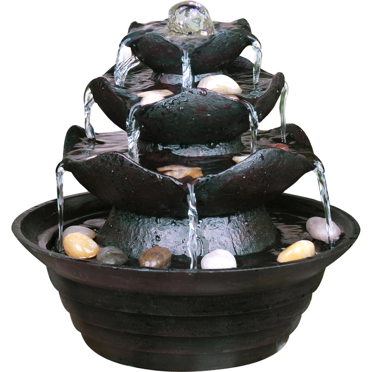Dobar Design Zimmerbrunnen in Felsen-Optik, schwarz, mit Deko-Steinen und vier Wasserstationen.