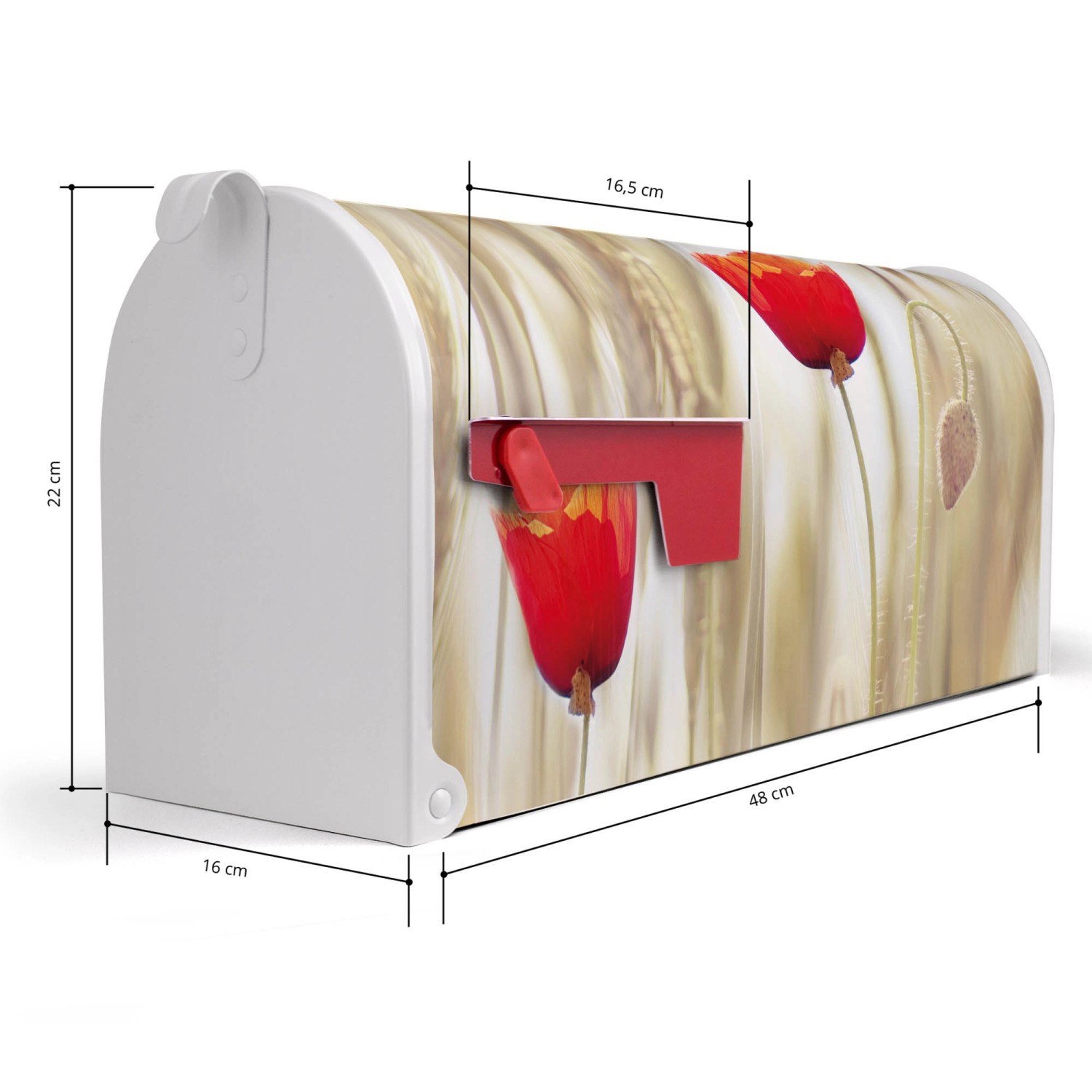 Weißer Banjado US Briefkasten mit Klatschmohn Motiv, Stahl, 48x22x16cm.