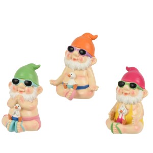 Drei Decoris Sommer Zwergfiguren aus Polyresin in Badekleidung, Sonnenbrille und Ente. Gartendekoration in Fuchsia, Grün, Orange.