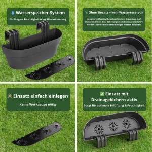 BigDean Blumenkasten-Set für Balkongeländer, 4 Stück, anthrazit mit Wasserspeicher.