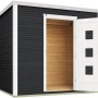 Anthrazitfarbenes Weka Holz-Gartenhaus wekaLine 413 mit geöffneter Doppeltür und Satteldach.