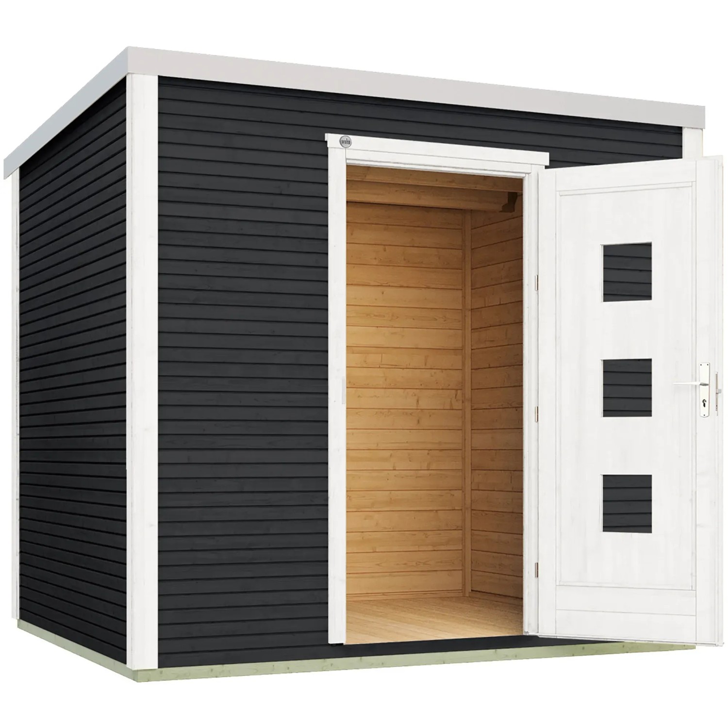 Anthrazitfarbenes Weka Holz-Gartenhaus wekaLine 413 mit geöffneter Doppeltür und Satteldach.