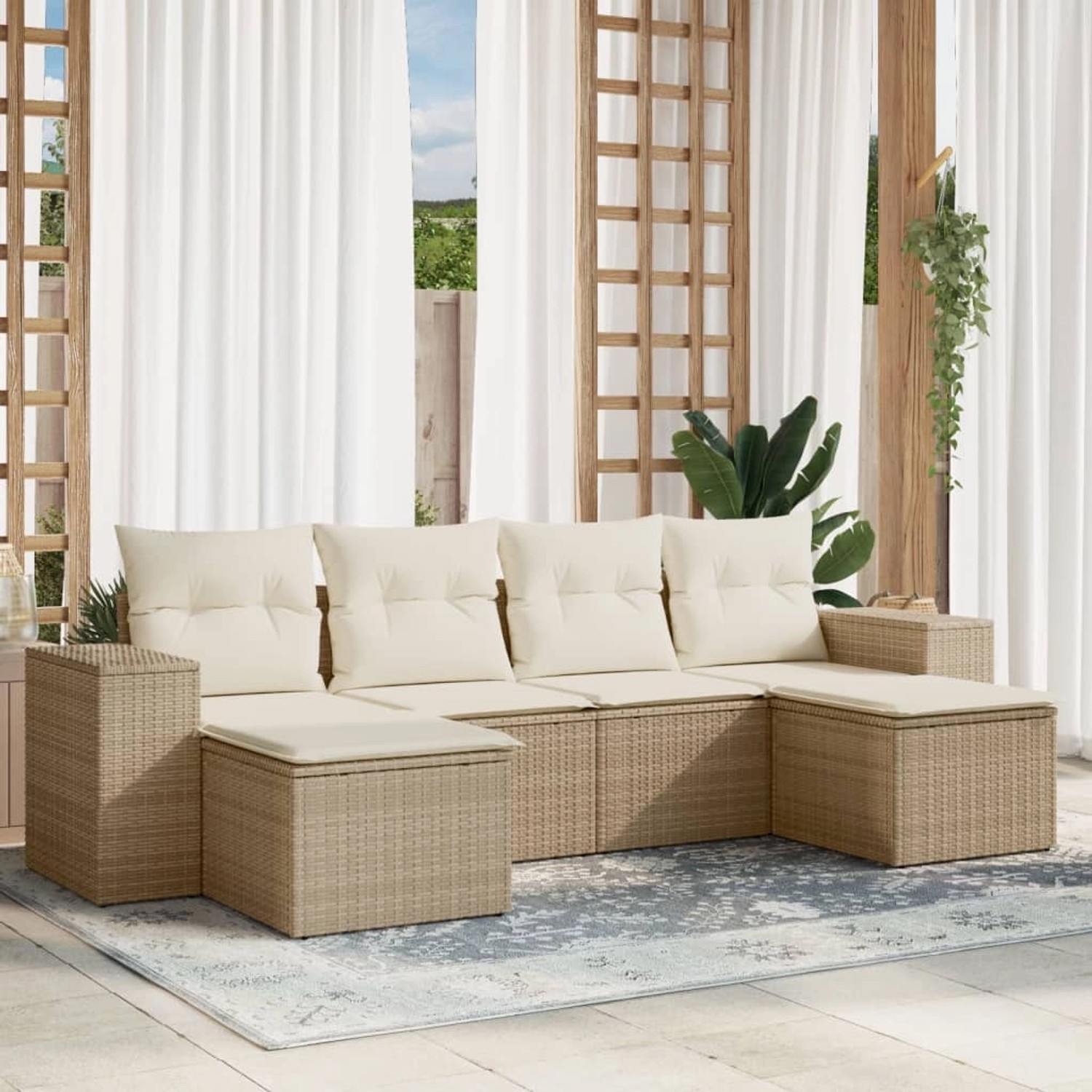 Beige 6-tlg. Garten-Sofagarnitur aus Polyrattan mit Kissen. Modulare Gartenmöbel mit Stauraum.