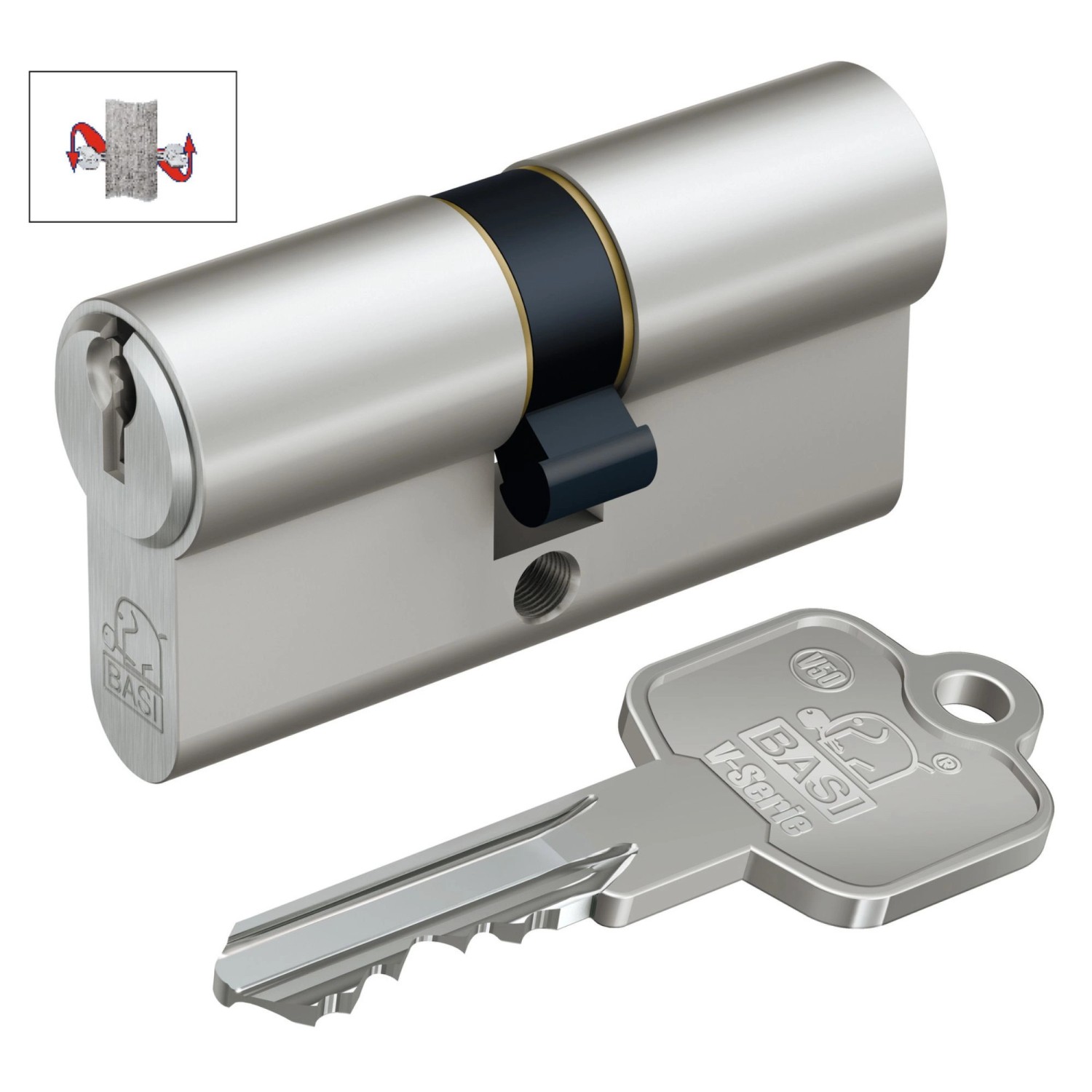 Basi V50 Profil-Kurzzylinder 27/33 mm mit Schlüssel, verschiedenschließend und Notfunktion.