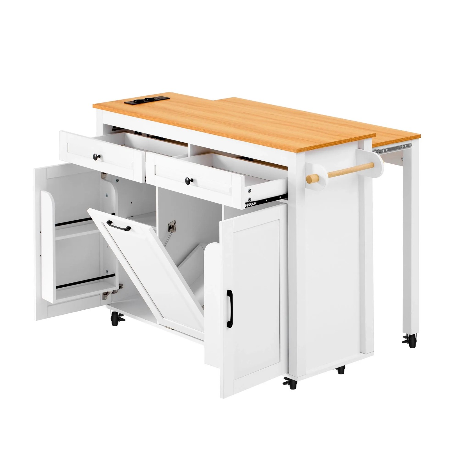 okwish Kücheninsel mit Rollen Ausziehbarem Esstisch Arbeitsplatte 120x40-75x92cm Weiß