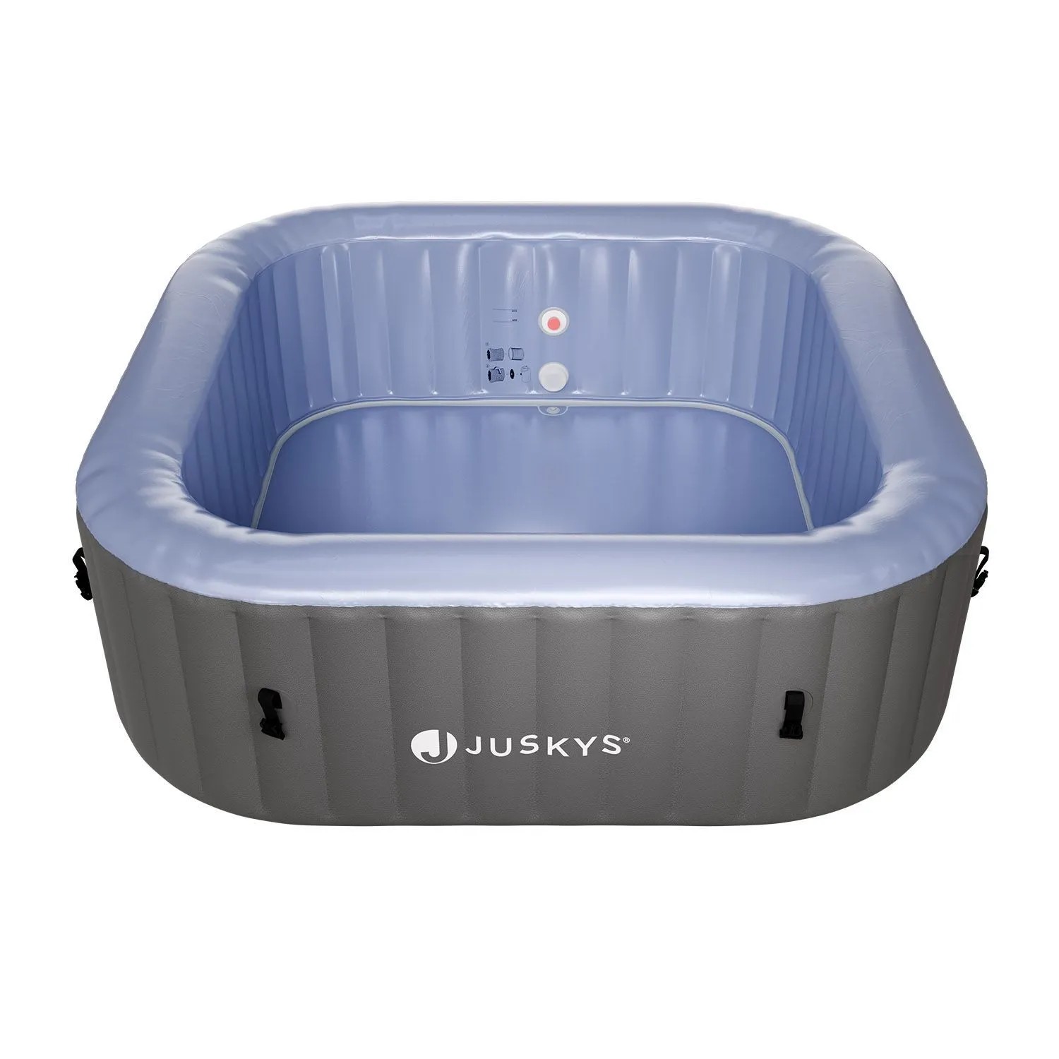 Juskys SpaLuxe aufblasbarer Whirlpool, grau außen, hellblau innen. Quadratischer PVC Hot Tub mit Steuerung.