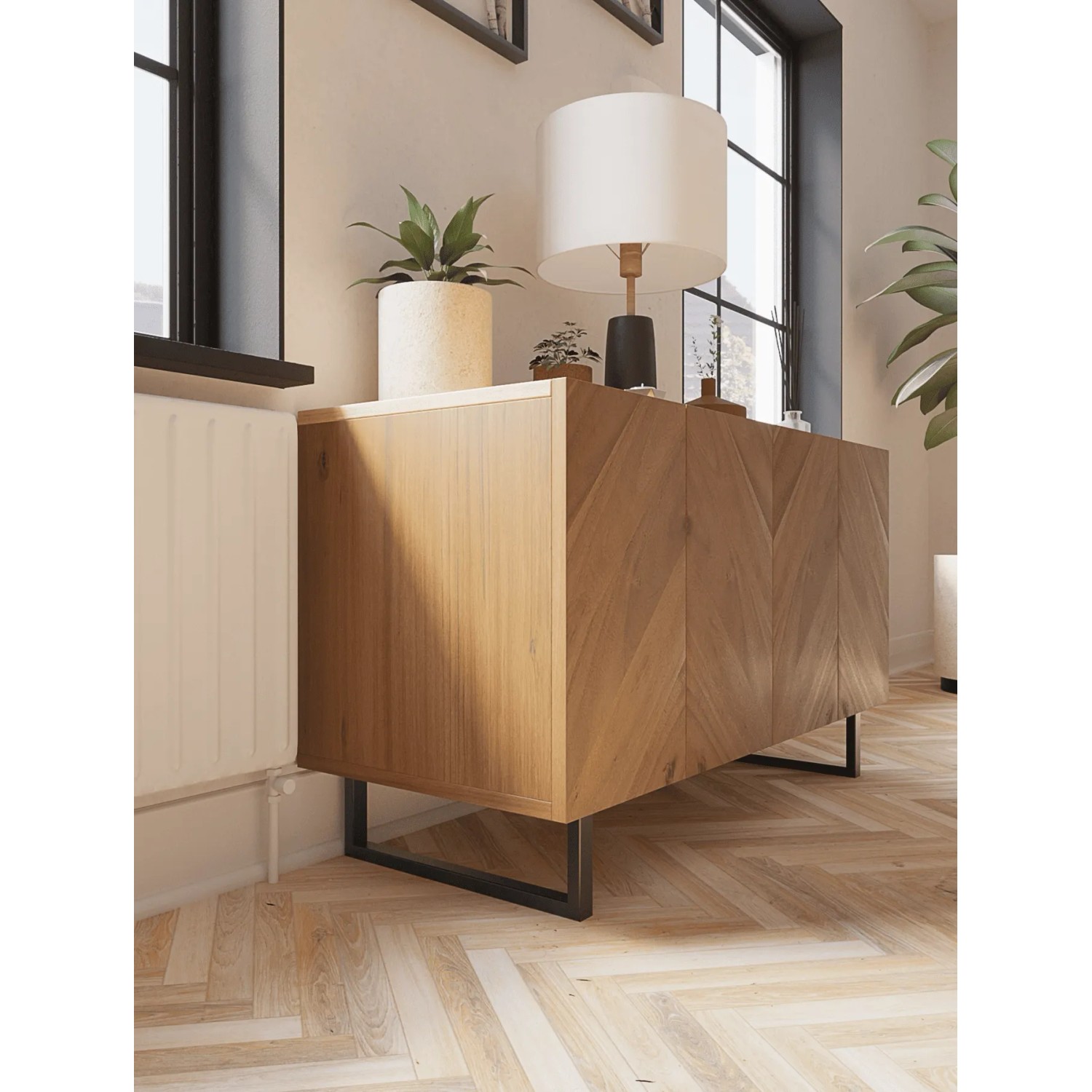 HEVVA Möbelfüße GRAZ, 2er Set, 15 cm hoch, schwarz, unter Sideboard montiert.