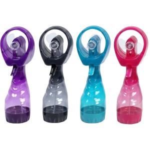 Wasser-Sprüventilator in Lila, Schwarz, Blau und Rot. Ventilator mit Wassertank für Erfrischung.
