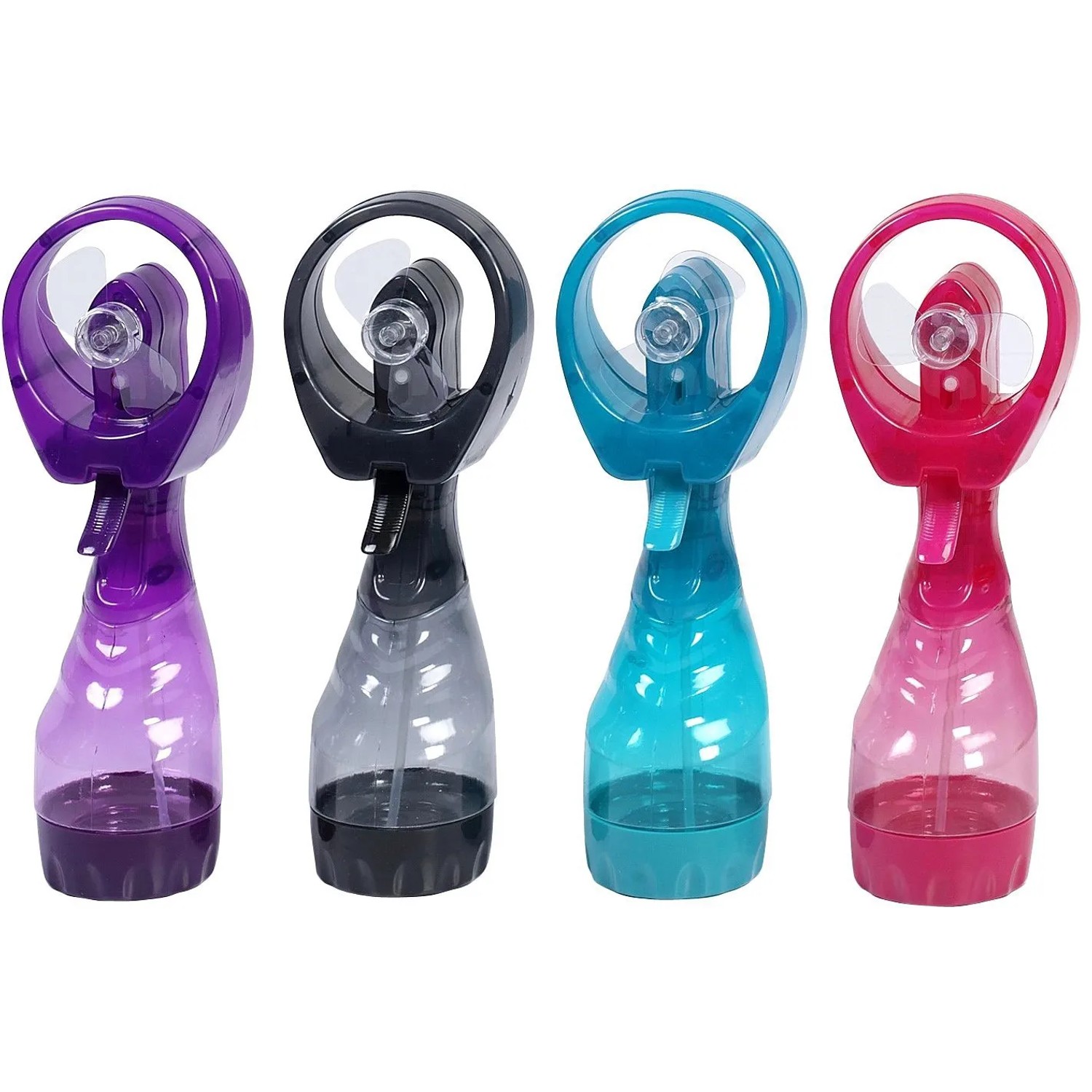 Wasser-Sprüventilator in Lila, Schwarz, Blau und Rot. Ventilator mit Wassertank für Erfrischung.