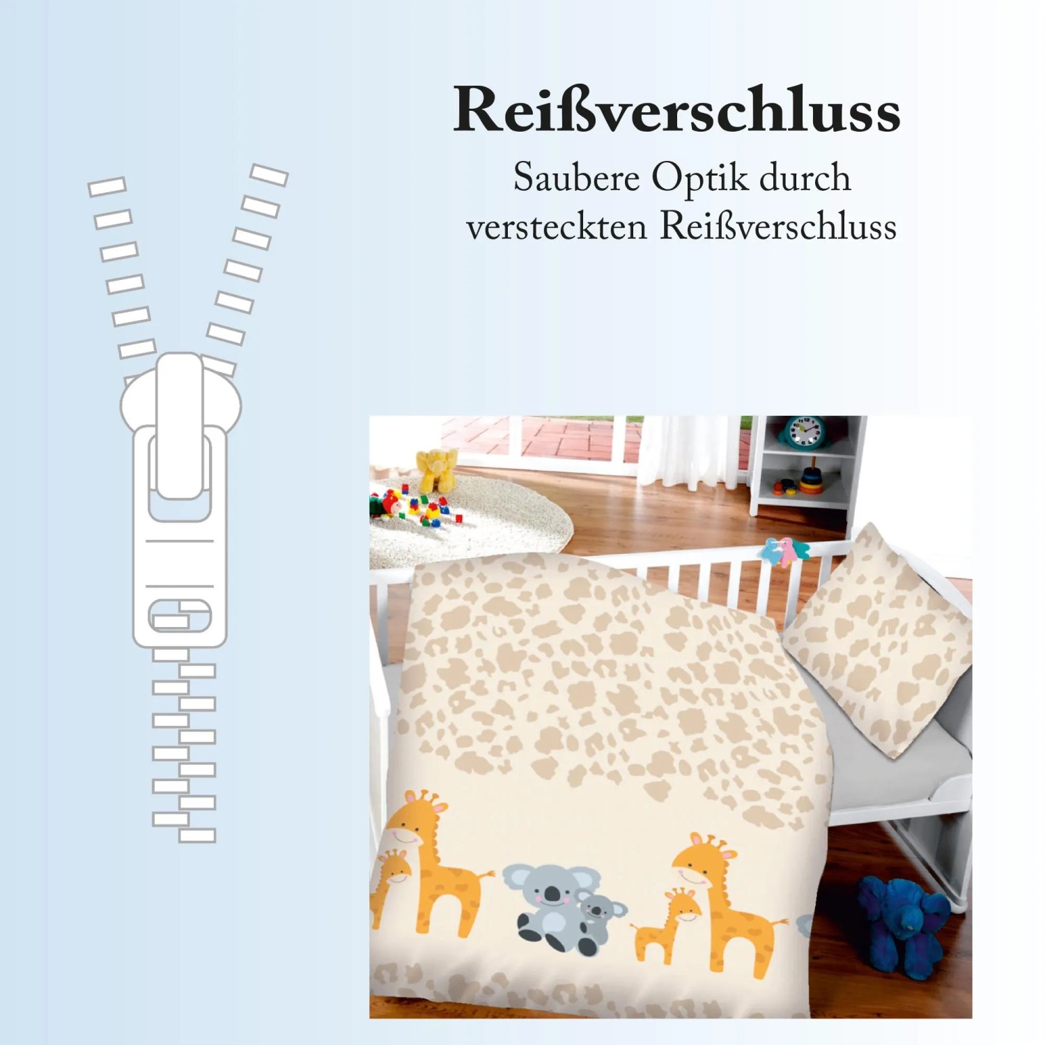 Bestlivings Kinderbettwäsche mit Koala- und Giraffenmotiv im Kinderzimmer.