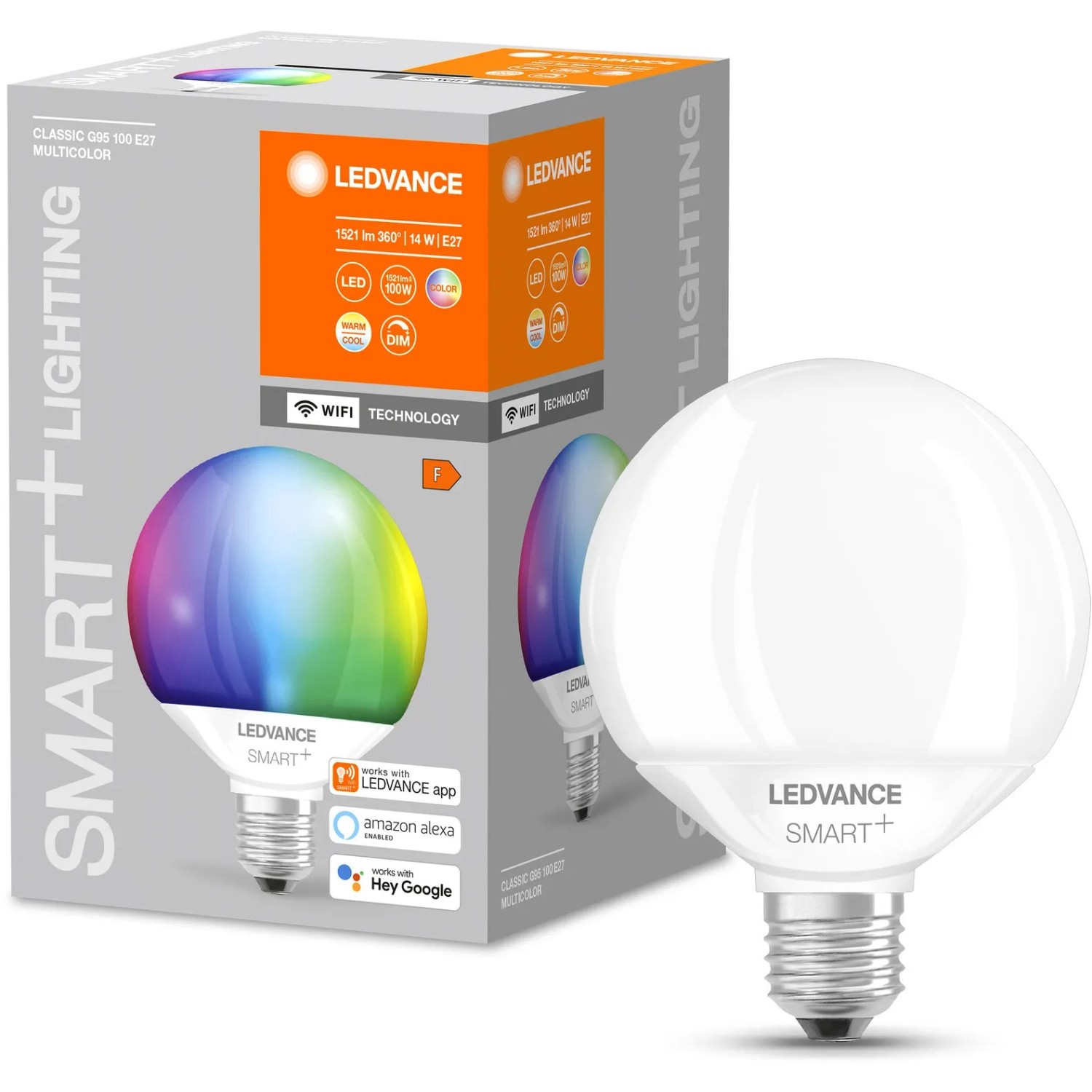 Ledvance Smart+ Wifi Globe RGBW E27 Leuchtmittel, klar, mit Farbfunktion und Verpackung.