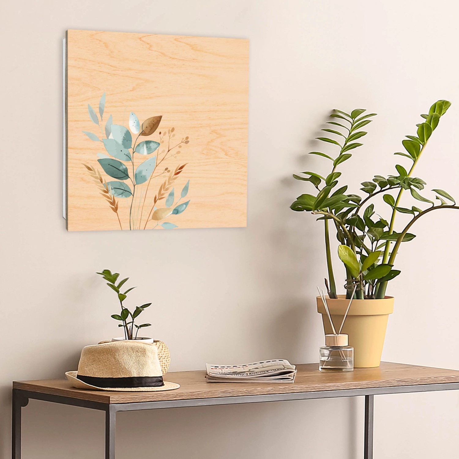 Banjado Schlüsselbox aus Holz, 30x30cm, weiß, mit minimalistischem Blätter-Motiv auf der Front.