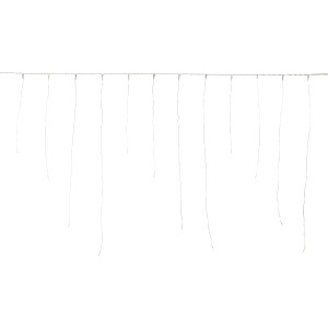 LED-Lichterkette Eisregen mit 100 warmweißen LEDs und silbernem Kabel für den Außenbereich.