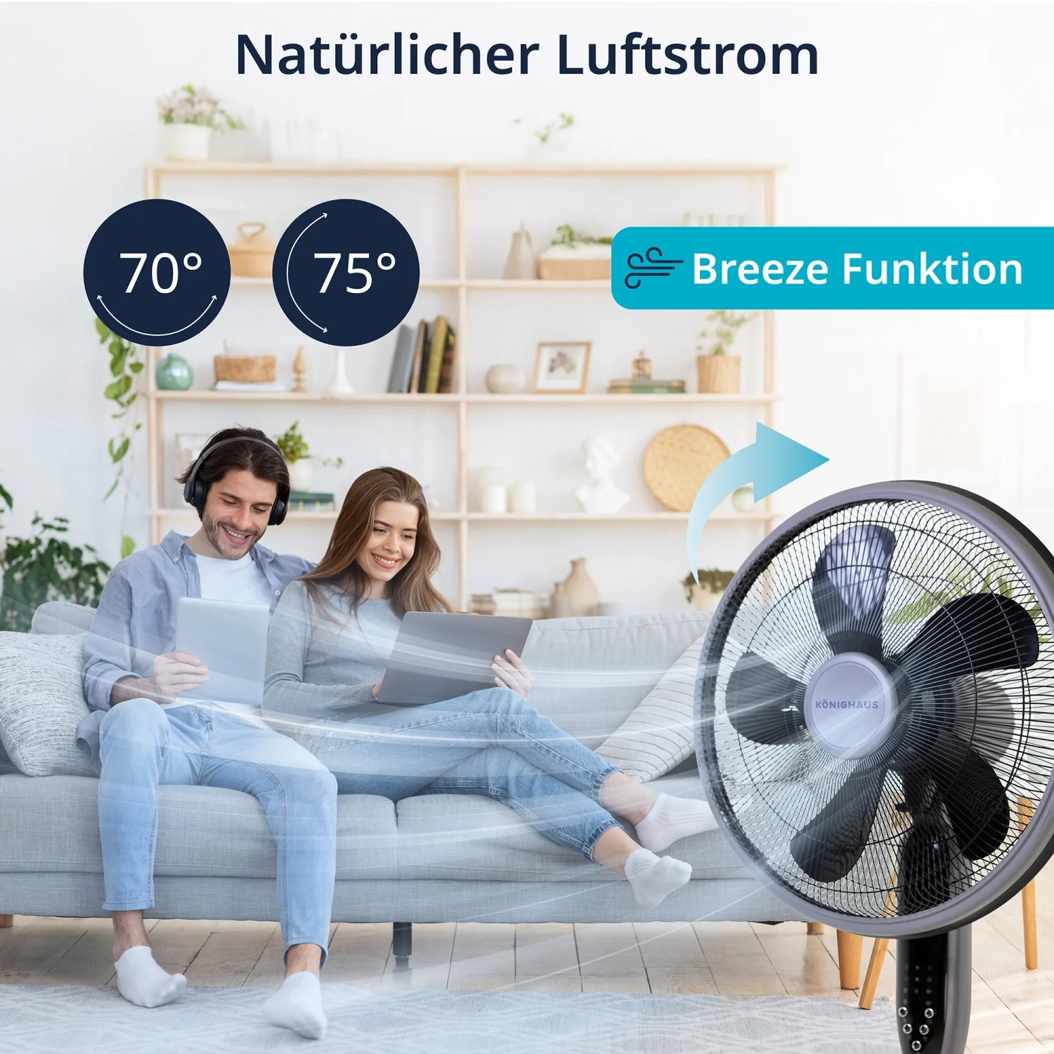 Weißer Könighaus 3-in-1 Ventilator im Einsatz mit Breeze Funktion und Oszillation für natürlichen Luftstrom.