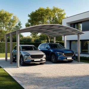 Ximax Doppelcarport Portoforte-110 M im Edelstahl-Look mit zwei parkenden Autos.
