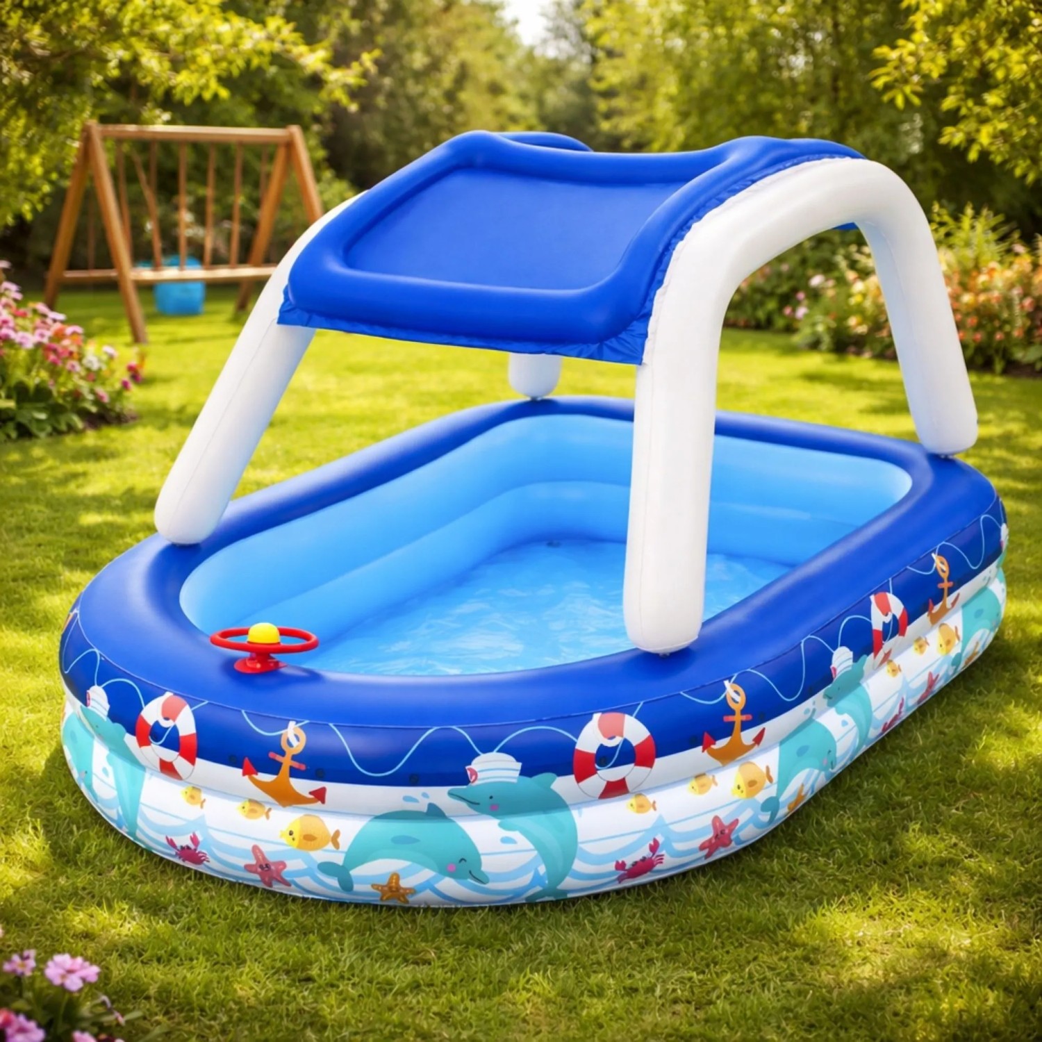 Bestway Family Pool mit Sonnendach, 213x155x132 cm, Sea Captain Design.