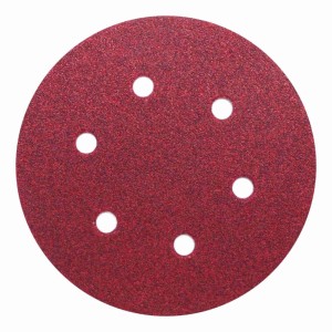 Runde, rote Schleifscheibe 150 mm mit 6 Löchern und Klettverschluss, Korn 80.