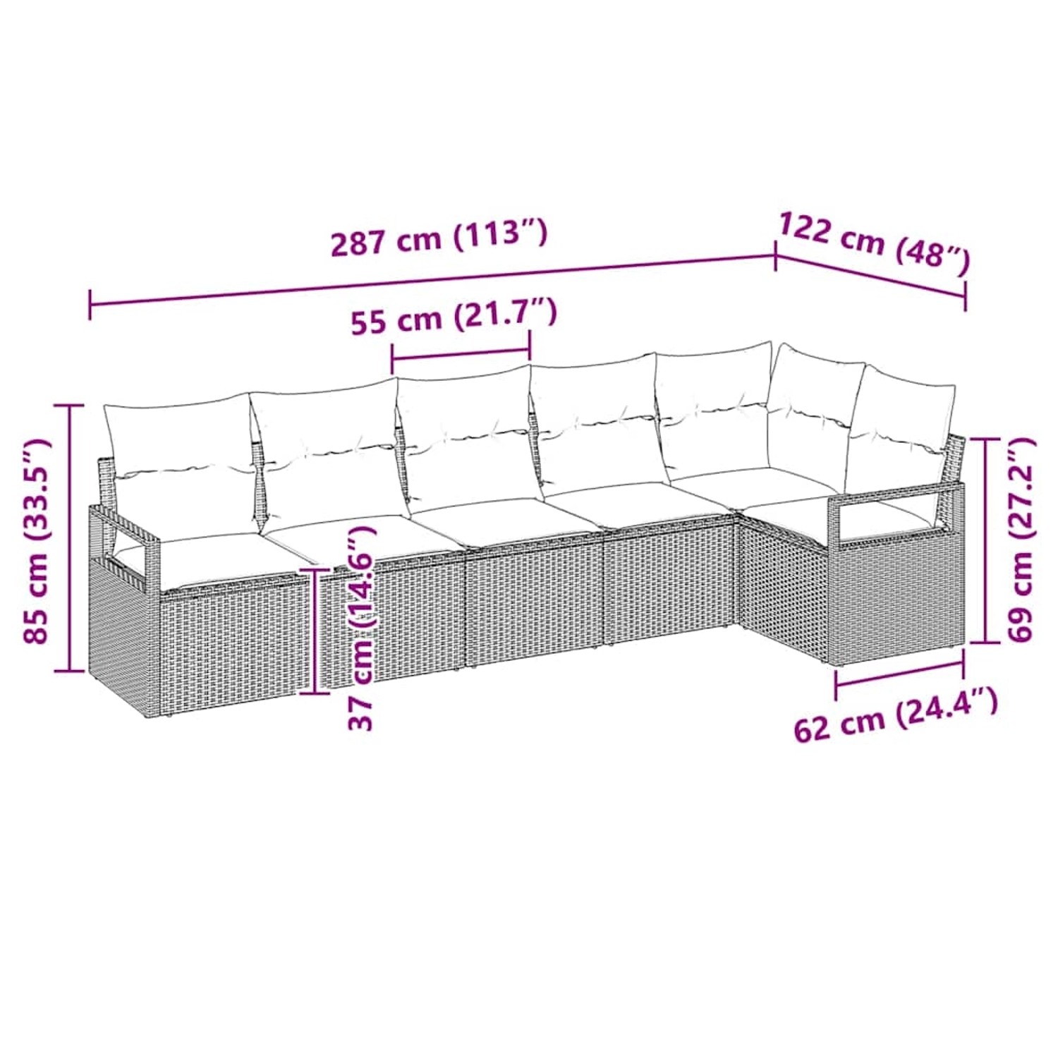 vidaXL Garten-Sofaset, 6-teilig, beige Poly Rattan, mit Maßangaben für Planung.