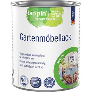 Dose Biopin Gartenmöbellack farblos glänzend, Klarlack für Holzmöbel im Außenbereich.